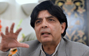 Pakistani Interior Minister Chaudhry Nisar Ali Khan speaks during a press conference in Islamabad on February 20, 2014. Pakistani jets launched strikes on Taliban hideouts in the northwest, killing 15 people according to security sources, in retaliation for attacks by the militants which have derailed peace talks. Khan said that the talks were suspended because of the terrorist attacks but negotiators were still there to work for peace AFP PHOTO/Aamir QURESHI
